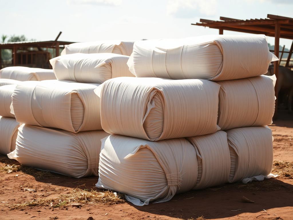 Stacked wrapped silage bales on a farm yard