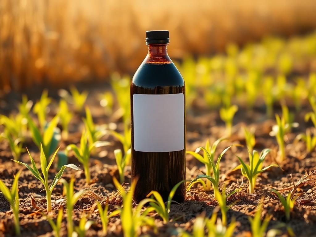 One-litre bottle of biostimulant in a dry field of maize seedlings