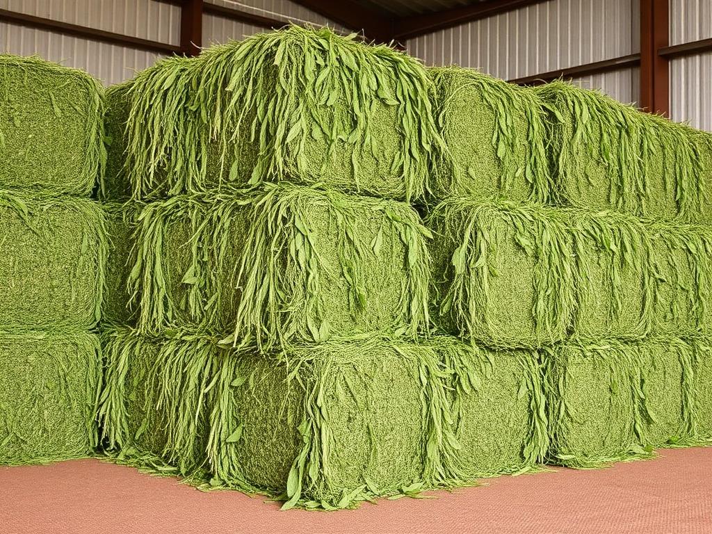 Green lucerne alfalfa hay bales stacked in a warehouse